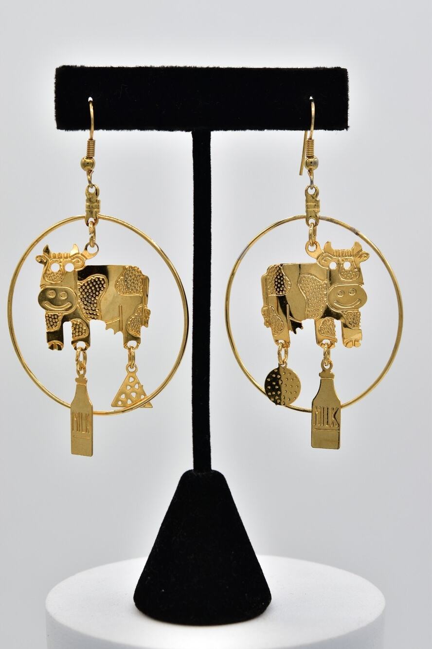 Vintage Cow Hoop Earrings Milk Cheese Farm Novelty Dangle Gold SIgned BinAZ